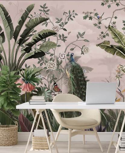 mural de papel pintado tropical rosa llamado Tropical Forest Peacock Pink en Wallsauce para dormitorios y salas de estar