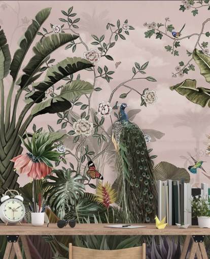 lyserødt tropisk tapetmaleri kaldet Tropical Forest Peacock Pink på Wallsauce til soveværelser og stuer