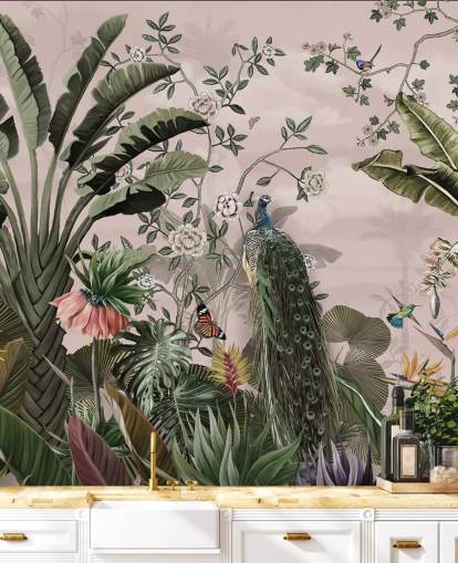 rosa tropisk tapetväggmålning kallad Tropical Forest Peacock Pink på Wallsauce för sovrum och vardagsrum