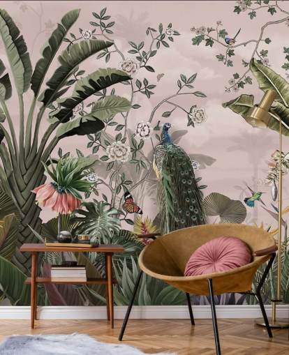 papier peint mural tropical rose appelé Tropical Forest Peacock Pink chez Wallsauce pour les chambres et les salons papier peint mural tropical rose appelé Tropical Forest Peacock Pink chez Wallsauce pour les chambres et les salons