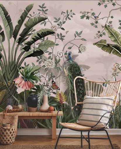 papier peint mural tropical rose appelé Tropical Forest Peacock Pink chez Wallsauce pour les chambres et les salons papier peint mural tropical rose appelé Tropical Forest Peacock Pink chez Wallsauce pour les chambres et les salons