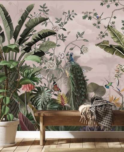 mural de papel de parede tropical rosa chamado Tropical Forest Peacock Pink at Wallsauce para quartos e salas de estar