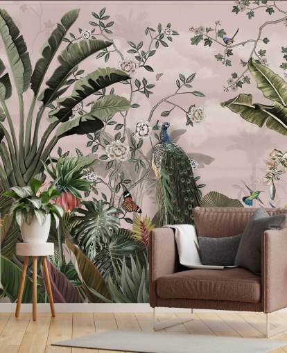 mural de papel de parede tropical rosa chamado Tropical Forest Peacock Pink at Wallsauce para quartos e salas de estar