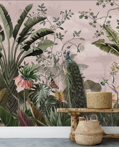 mural de papel pintado tropical rosa llamado Tropical Forest Peacock Pink en Wallsauce para dormitorios y salas de estar