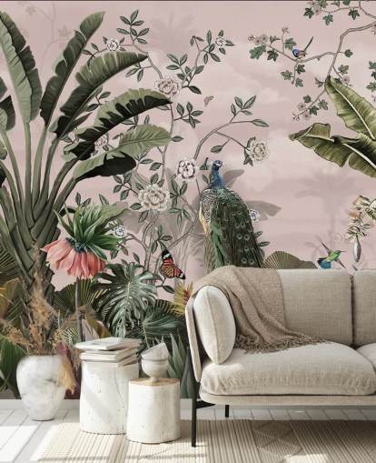 pink tropical wallpaper mural called Tropical Forest Peacock Pink at Wallsauce for bedrooms and living rooms pink tropical wallpaper mural called Tropical Forest Peacock Pink at Wallsauce for bedrooms and living rooms