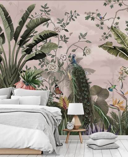papier peint mural tropical rose appelé Tropical Forest Peacock Pink chez Wallsauce pour les chambres et les salons