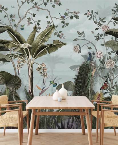 mural de parede de selva azul celeste chamado Tropical Forest Peacock Sky Blue at Wallsauce para quartos, banheiros e salas de jantar