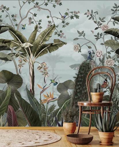 himmelblå jungle vægmaleri kaldet Tropical Forest Peacock Sky Blue på Wallsauce til soveværelser, badeværelser og spisestuer himmelblå jungle vægmaleri kaldet Tropical Forest Peacock Sky Blue på Wallsauce til soveværelser, badeværelser og spisestuer