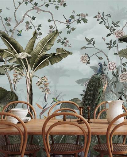 taivaansininen viidakon seinämaalaus nimeltä Tropical Forest Peacock Sky Blue Wallsaucessa makuuhuoneisiin, kylpyhuoneisiin ja ruokasaleihin taivaansininen viidakon seinämaalaus nimeltä Tropical Forest Peacock Sky Blue Wallsaucessa makuuhuoneisiin, kylpyhuoneisiin ja ruokasaleihin