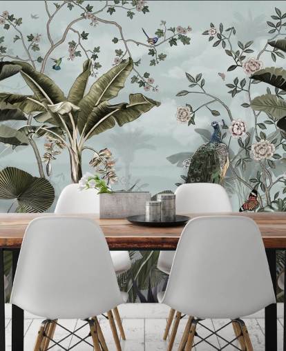 sky blue jungle wall mural called Tropical Forest Peacock Sky Blue at Wallsauce for bedrooms, bathrooms and dining rooms sky blue jungle wall mural called Tropical Forest Peacock Sky Blue at Wallsauce for bedrooms, bathrooms and dining rooms