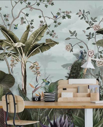 sky blue jungle wall mural called Tropical Forest Peacock Sky Blue at Wallsauce for bedrooms, bathrooms and dining rooms sky blue jungle wall mural called Tropical Forest Peacock Sky Blue at Wallsauce for bedrooms, bathrooms and dining rooms