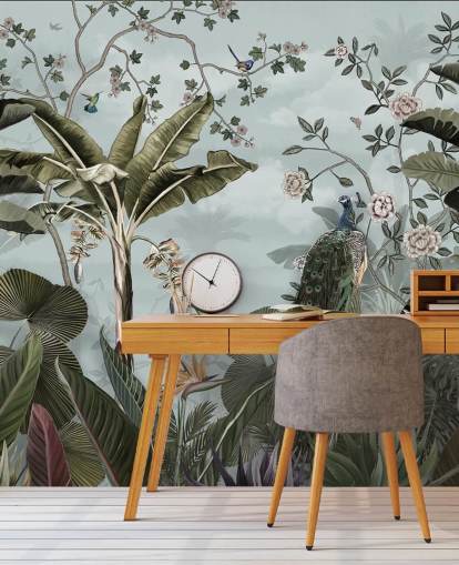 himmelblå jungle vægmaleri kaldet Tropical Forest Peacock Sky Blue på Wallsauce til soveværelser, badeværelser og spisestuer himmelblå jungle vægmaleri kaldet Tropical Forest Peacock Sky Blue på Wallsauce til soveværelser, badeværelser og spisestuer