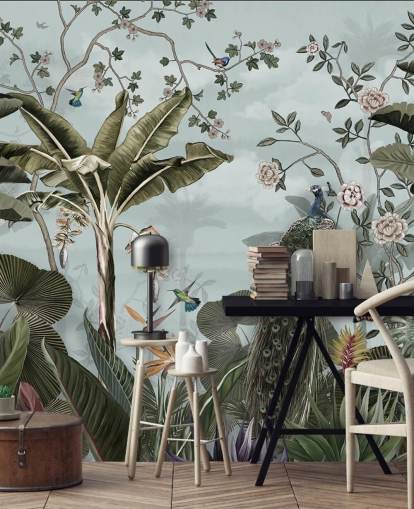 himmelblå jungle vægmaleri kaldet Tropical Forest Peacock Sky Blue på Wallsauce til soveværelser, badeværelser og spisestuer himmelblå jungle vægmaleri kaldet Tropical Forest Peacock Sky Blue på Wallsauce til soveværelser, badeværelser og spisestuer