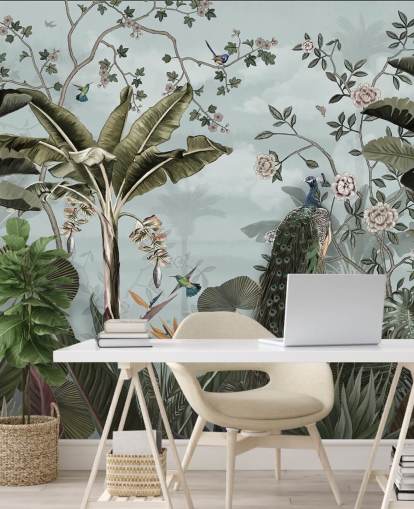 sky blue jungle wall mural called Tropical Forest Peacock Sky Blue at Wallsauce for bedrooms, bathrooms and dining rooms