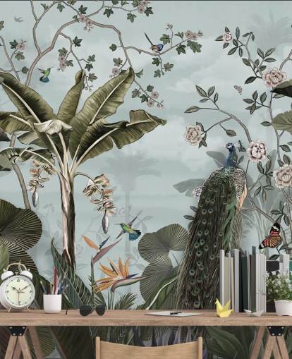 himmelblå jungle vægmaleri kaldet Tropical Forest Peacock Sky Blue på Wallsauce til soveværelser, badeværelser og spisestuer himmelblå jungle vægmaleri kaldet Tropical Forest Peacock Sky Blue på Wallsauce til soveværelser, badeværelser og spisestuer