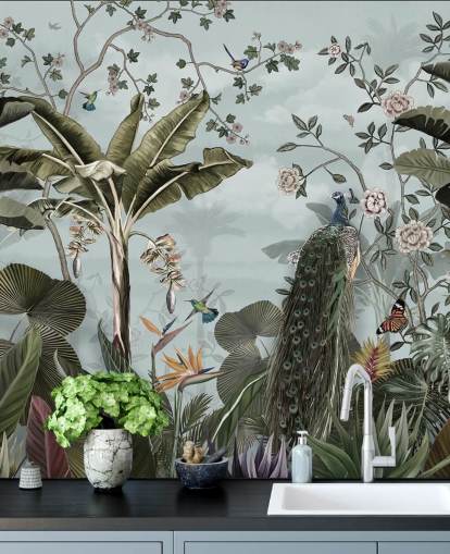 sky blue jungle wall mural called Tropical Forest Peacock Sky Blue at Wallsauce for bedrooms, bathrooms and dining rooms