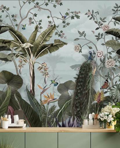 peinture murale de la jungle bleu ciel appelée Tropical Forest Peacock Sky Blue chez Wallsauce pour les chambres, les salles de bain et les salles à manger peinture murale de la jungle bleu ciel appelée Tropical Forest Peacock Sky Blue chez Wallsauce pour les chambres, les salles de bain et les salles à manger