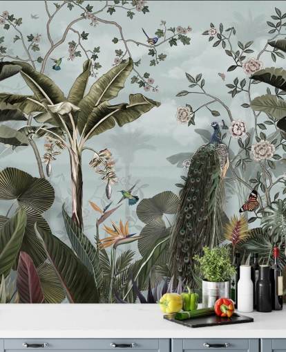 mural de pared de la jungla azul cielo llamado Tropical Forest Peacock Sky Blue at Wallsauce para dormitorios, baños y comedores