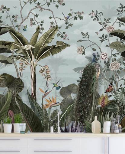 mural de parede de selva azul celeste chamado Tropical Forest Peacock Sky Blue at Wallsauce para quartos, banheiros e salas de jantar