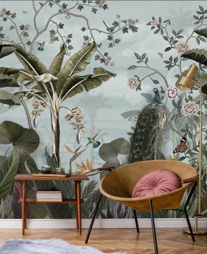 sky blue jungle wall mural called Tropical Forest Peacock Sky Blue at Wallsauce for bedrooms, bathrooms and dining rooms