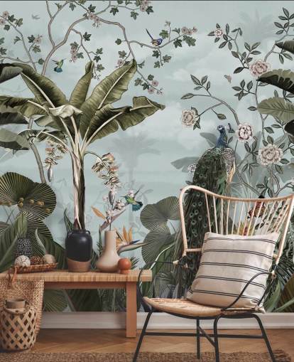 sky blue jungle wall mural called Tropical Forest Peacock Sky Blue at Wallsauce for bedrooms, bathrooms and dining rooms