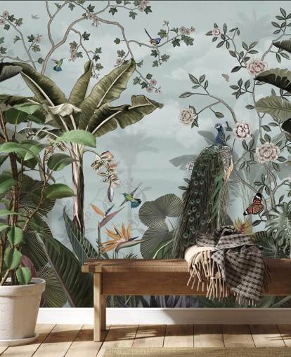 peinture murale de la jungle bleu ciel appelée Tropical Forest Peacock Sky Blue chez Wallsauce pour les chambres, les salles de bain et les salles à manger