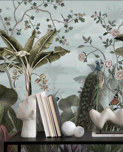 taivaansininen viidakon seinämaalaus nimeltä Tropical Forest Peacock Sky Blue Wallsaucessa makuuhuoneisiin, kylpyhuoneisiin ja ruokasaleihin