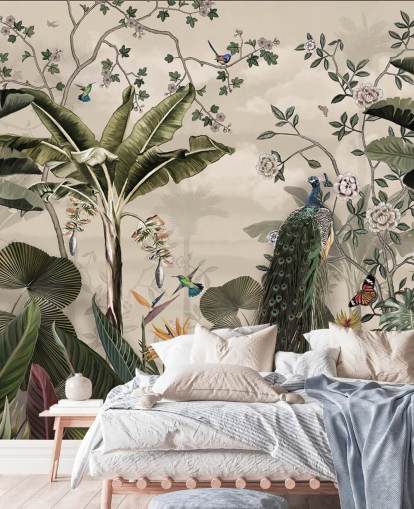 tropisk skogspåfågel tapetväggmålning kallad Tropical Forest Peacock på Wallsauce för sovrum och vardagsrum tropisk skogspåfågel tapetväggmålning kallad Tropical Forest Peacock på Wallsauce för sovrum och vardagsrum