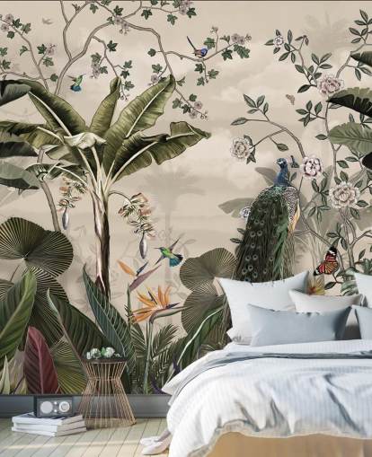 Tapeten-Wandbild Tropischer Waldpfau mit dem Titel Tropischer Waldpfau in Wallsauce für Schlafzimmer und Wohnzimmer