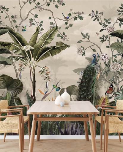 tropisk skogspåfågel tapetväggmålning kallad Tropical Forest Peacock på Wallsauce för sovrum och vardagsrum