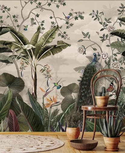 tropisk skogspåfågel tapetväggmålning kallad Tropical Forest Peacock på Wallsauce för sovrum och vardagsrum