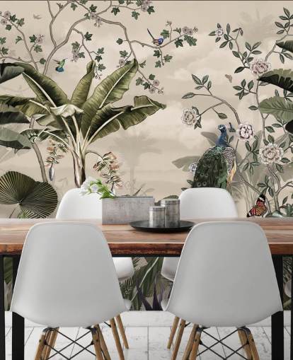 tropisk skogpåfugl tapetmaleri kalt Tropical Forest Peacock på Wallsauce for soverom og stuer