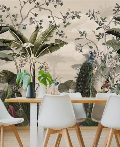 mural de papel pintado de pavo real de bosque tropical llamado Tropical Forest Peacock at Wallsauce para dormitorios y salas de estar