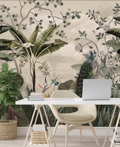 trooppisen metsän riikinkukon taustakuvamaalaus nimeltä Tropical Forest Peacock Wallsaucessa makuuhuoneisiin ja olohuoneisiin