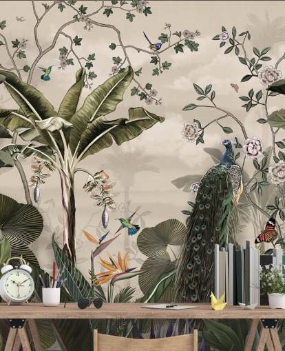 tropisk skovpåfugl tapetmaleri kaldet Tropical Forest Peacock på Wallsauce til soveværelser og stuer tropisk skovpåfugl tapetmaleri kaldet Tropical Forest Peacock på Wallsauce til soveværelser og stuer