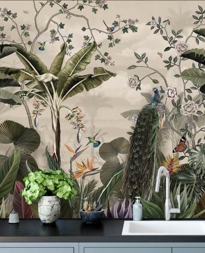 mural de papel pintado de pavo real de bosque tropical llamado Tropical Forest Peacock at Wallsauce para dormitorios y salas de estar mural de papel pintado de pavo real de bosque tropical llamado Tropical Forest Peacock at Wallsauce para dormitorios y salas de estar