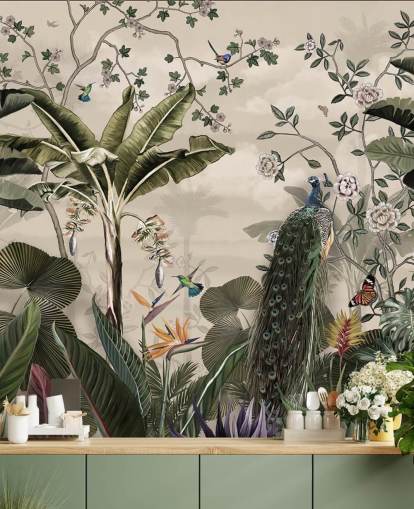 mural de papel de parede de pavão da floresta tropical chamado Tropical Forest Peacock at Wallsauce para quartos e salas de estar mural de papel de parede de pavão da floresta tropical chamado Tropical Forest Peacock at Wallsauce para quartos e salas de estar