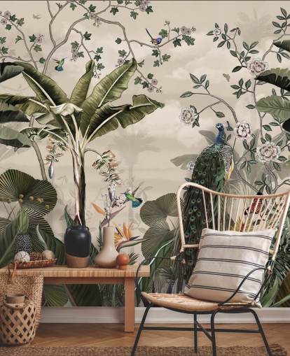 trooppisen metsän riikinkukon taustakuvamaalaus nimeltä Tropical Forest Peacock Wallsaucessa makuuhuoneisiin ja olohuoneisiin trooppisen metsän riikinkukon taustakuvamaalaus nimeltä Tropical Forest Peacock Wallsaucessa makuuhuoneisiin ja olohuoneisiin
