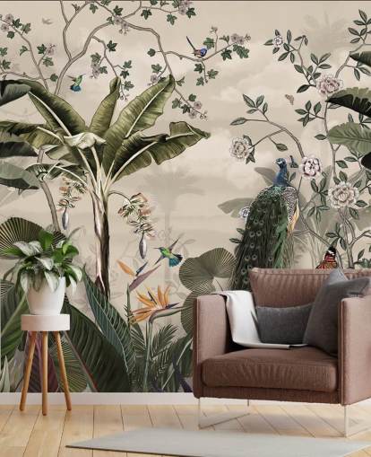 tropisk skovpåfugl tapetmaleri kaldet Tropical Forest Peacock på Wallsauce til soveværelser og stuer