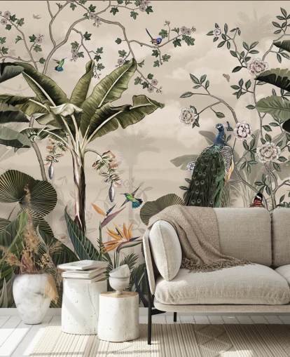 tropical forest peacock wallpaper mural called Tropical Forest Peacock at Wallsauce for bedrooms and living rooms