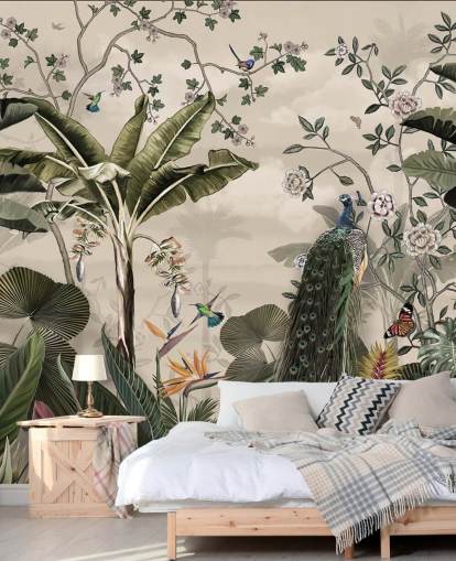 Tapeten-Wandbild Tropischer Waldpfau mit dem Titel Tropischer Waldpfau in Wallsauce für Schlafzimmer und Wohnzimmer Tapeten-Wandbild Tropischer Waldpfau mit dem Titel Tropischer Waldpfau in Wallsauce für Schlafzimmer und Wohnzimmer