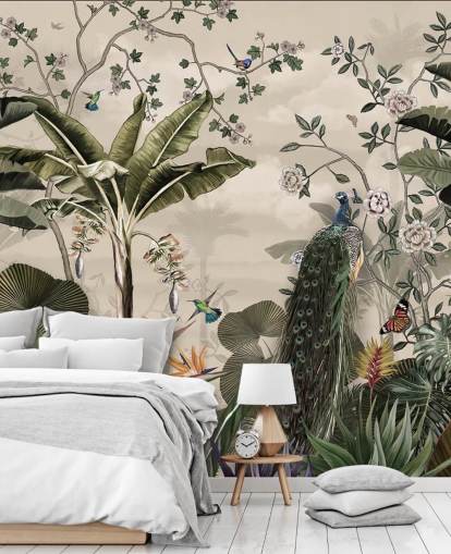 carta da parati murale con pavone della foresta tropicale chiamata Tropical Forest Peacock at Wallsauce per camere da letto e salotti