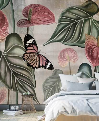 djungelfjäril tapetväggmålning som heter Tropical Jungle Close Up på Wallsauce för sovrum och vardagsrum