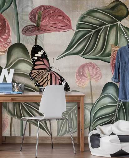 jungle vlinder behangmuurschildering genaamd Tropical Jungle Close Up at Wallsauce voor slaapkamers en woonkamers