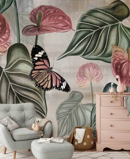 jungle butterfly wallpaper mural called Tropical Jungle Close Up at Wallsauce for bedrooms and living rooms