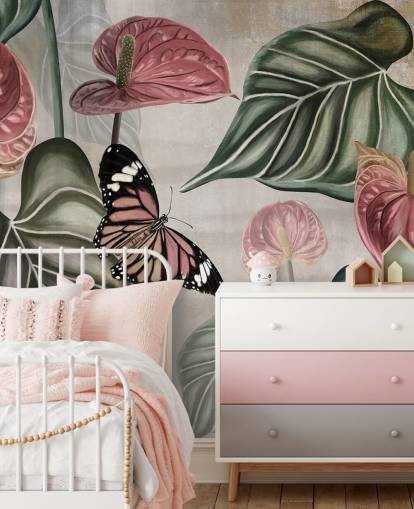 mural de papel pintado con mariposas de la jungla llamado Tropical Jungle Close Up at Wallsauce para dormitorios y salas de estar