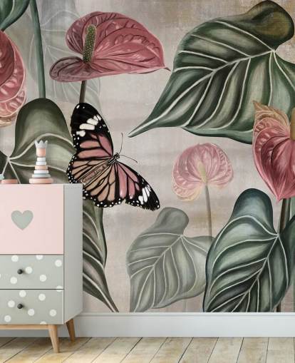 mural de papel de parede de borboleta da selva chamado Tropical Jungle Close Up at Wallsauce para quartos e salas de estar
