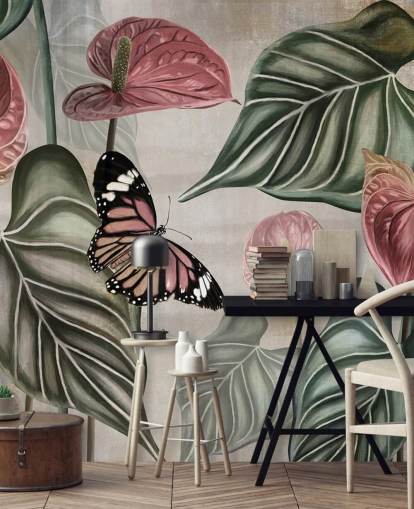 mural de papel pintado con mariposas de la jungla llamado Tropical Jungle Close Up at Wallsauce para dormitorios y salas de estar