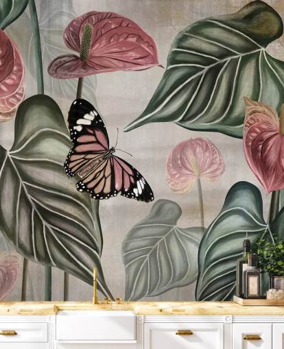 jungel sommerfugl tapetmaleri kalt Tropical Jungle Close Up på Wallsauce for soverom og stuer