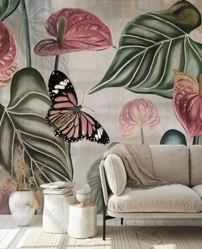 mural de papel pintado con mariposas de la jungla llamado Tropical Jungle Close Up at Wallsauce para dormitorios y salas de estar
